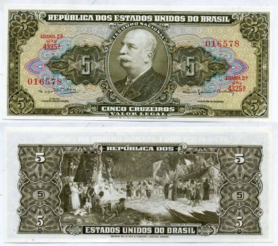 БРАЗИЛИЯ 5 КРУЗЕЙРО 1964 СЕРИЯ 4325А, БАРАО ДО РИО БРАНКО, ESTAMPA 2A Pick 176d бумага UNC (ПРЕСС) 7204-5-1