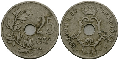 Бельгия 25 сантимов 1908 Belgique KM 62 медно-никель 4168-1141