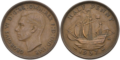 Великобритания 1/2 пенни 1937 Георг VI (1936-1952) KM 844, Spink 4115 бронза 4116-1241