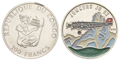 Конго 100 франков 1995 Junkers Ju 52 KM 21 медно-никель BU 1079-10-22