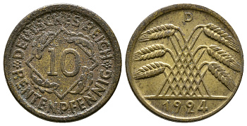 ГЕРМАНИЯ 10 РЕНТЕНПФЕННИГОВ 1924 D KM 33, J. 309, Weege 8 алюминиевая бронза 4380-934
