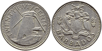 Барбадос 25 центов 1981 ветряная мельница Моргана Льюиса KM 13 медно-никель 4398-415