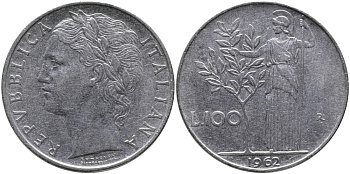 ИТАЛИЯ 100 ЛИР 1962 R, АФИНА KM 96.1 нержавеющая сталь 97-543