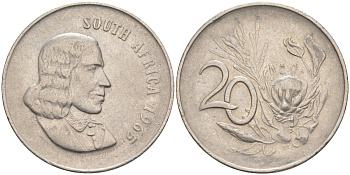 ЮАР 20 центов 1965 SOUTH AFRICA, Ян ван Рибек (1619-1677), цветок ПРОТЕЯ KM 69.1 никель 219-1251