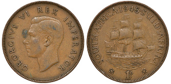 Южная Африка 1 пенни 1945 Георг VI KM 25 бронза 4162-221