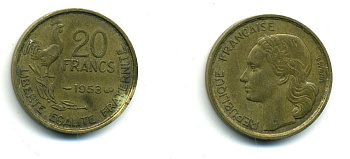 ФРАНЦИЯ 20 ФРАНКОВ 1953 4 ПЕРА KM 917.1 алюминиевая бронза 84-832