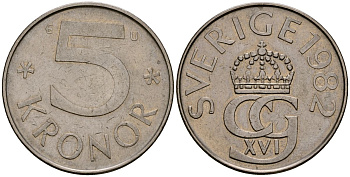 Швеция 5 крон 1982 Карл XVI Густав (1973- ) KM 853 медно-никель 4165-936