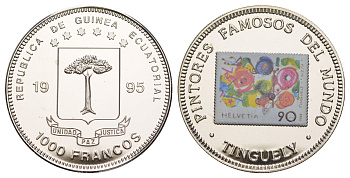 Экваториальная Гвинея 1000 франков 1995 Знаменитые марки - Жан Тэнгли KM 93 медно-никель PROOF 1079-10-51