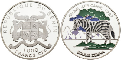 Бенин 1000 франков 1997 Африканская фауна, зебра, цветная эмаль KM 43 серебро PROOF 01-076-41
