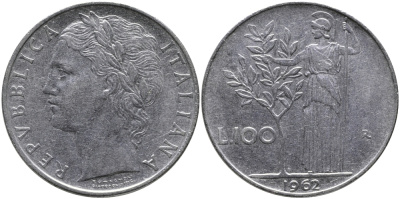 ИТАЛИЯ 100 ЛИР 1962 R, АФИНА KM 96.1 нержавеющая сталь 97-543