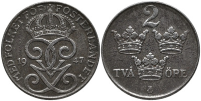 Швеция 2 эре 1947 Густав V (1907-1950) KM 811 железо 63-952