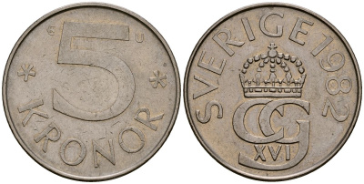 Швеция 5 крон 1982 Карл XVI Густав (1973- ) KM 853 медно-никель 4165-936