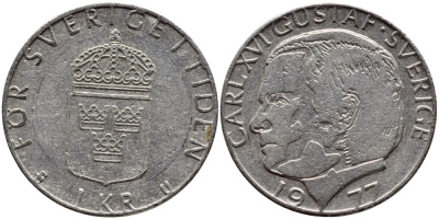 Швеция 1 крона 1977 Карл XVI Густав (1973- ) KM 852 медь плакированная медно-никелем 4397-843