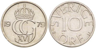 Швеция 10 эре 1979 U, Карл XVI Густав (1973- ) KM 850 медно-никель 4516-446