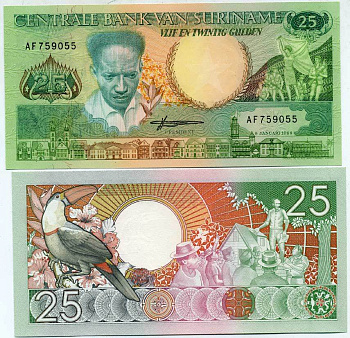 Суринам 25 гульденов 1988 Антон де Ком, тукан на ветке Pick 132 b бумага UNC (пресс) 447-74-2-3