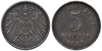 Германия 5 пфеннигов 1919 D KM 19, J. 297, Weege 5 железо 4118-1117
