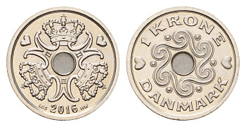 Дания 1 крона 2016 Маргрете II (1972-2024) KM 873 медно-никель UNC 75-523