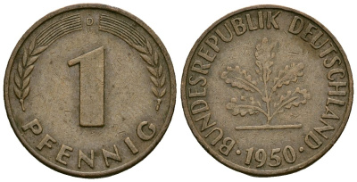 ФРГ 1 пфенниг 1950 D KM 105 сталь плакированная медью 4136-835
