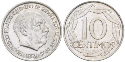 Испания 10 сентимо 1959 Франсиско Франко (1939-1975) KM 790 алюминий 4523-844