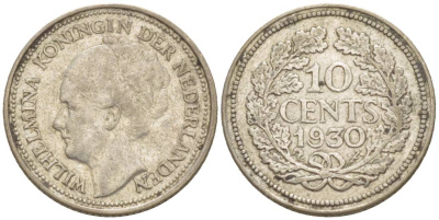 Нидерланды 10 центов 1930 Вильгельмина I (1890-1948) КМ 163 серебро 4532-1164