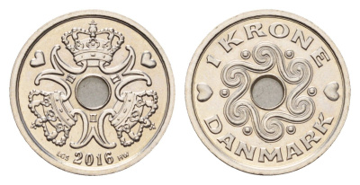Дания 1 крона 2016 Маргрете II (1972-2024) KM 873 медно-никель UNC 75-523
