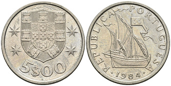 Португалия 5 эскудо 1984 парусник KM 591 медно-никель 4148-435