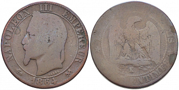 ФРАНЦИЯ 5 САНТИМОВ 1864 K, НАПОЛЕОН III (1852-1870) KM 797.3, LE FRANC 117.13 бронза 4448-133