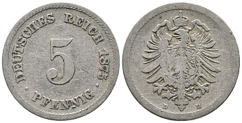 ГЕРМАНИЯ 5 ПФЕННИГОВ 1875 D, СТАРОГЕРБОВКА KM 3, J. 3 медно-никель 39-334