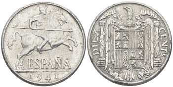 ИСПАНИЯ 10 СЕНТИМО 1941 PLUS, РЫЦАРЬ НА КОНЕ KM 766 алюминий 213-114