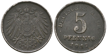 Германия 5 пфеннигов 1917 D, Вильгельм II (1888-1918) KM 19, AKS 17, J 297, Schon DM 20, Neum 33 железо 4588-259