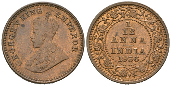 Британская Индия 1/12 анны 1936 Георг V (1910-1936) KM 509 бронза UNC 4615-944