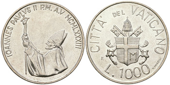 Ватикан 1000 лир 1983 Иоанн Павел II (1978-2005) KM 176 серебро UNC 32-1045