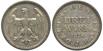 Германия 3 марки 1924 J, Веймарская Республика Weege 19 J. 312, KM 43 серебро 11-265-43