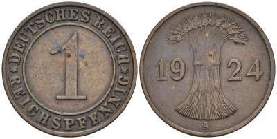 Германия 1 рейхспфенниг 1924 A KM 37, J.313, Weege 2 медь 4585-548