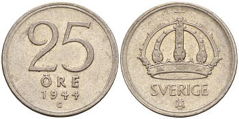 Швеция 25 эре 1944 G, Густав V (1907-1950) KM 816 серебро 4147-958