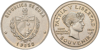 Куба 1 песо 1987 90 лет "сувенирного" песо KM 165 медно-никель UNC 4165-1114