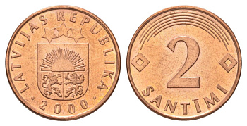 Латвия 2 сантима 2000 KM 21 сталь плакированная медью UNC 4617-659