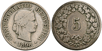 Швейцария 5 раппенов 1898 В KM 26 медно-никель 4608-1014