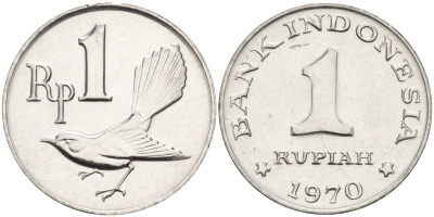 Индонезия 1 рупия 1970 птичка мухоловка KM 20 алюминий UNC 4153-545