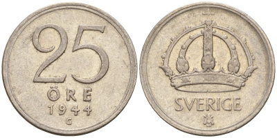 Швеция 25 эре 1944 G, Густав V (1907-1950) KM 816 серебро 4147-958