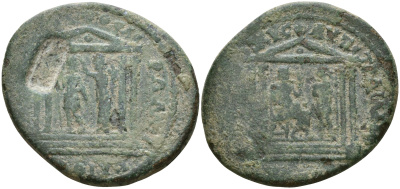 Римская Империя, Провинция Азия, Пергам AE 98 - 117 Траян, император перед статуей зевса в храме / богиня Рома увенчивает императора в храме, надчеканка (Very rare) RPC III 1717 бронза 1100-6-15