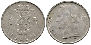 БЕЛЬГИЯ 1 ФРАНК 1968 BELGIE KM 143.1 медно-никель 4382-1255