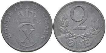 ДАНИЯ 2 ЭРЕ 1942 N;S, КРИСТИАН X (1912-1947) KM 833а цинк 202-651