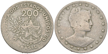 Бразилия 200 реалов 1901 MCMI, голова свободы вправо KM 504 медно-никель 4612-311