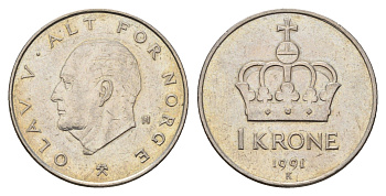 Норвегия 1 крона 1991 Улаф V (1957-1991) KM 419 медно-никель 190-1015