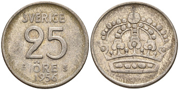 Швеция 25 эре 1956 TS, Густав VI Адольф (1950-1973) KM 824 серебро 4147-1049