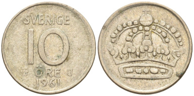 Швеция 10 эре 1961 Густав VI Адольф (1950-1973) KM 823 серебро 4147-928