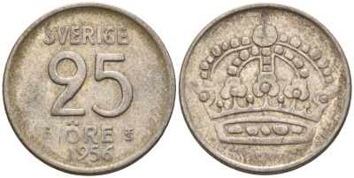 Швеция 25 эре 1956 TS, Густав VI Адольф (1950-1973) KM 824 серебро 4147-1049