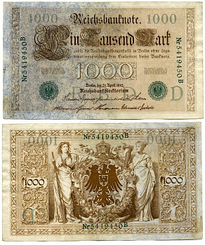 ГЕРМАНИЯ 1000 МАРОК 1910 ЗЕЛЕНАЯ ПЕЧАТЬ, 7 ЦИФР В НОМЕРЕ Pick 45b бумага 3295-120-3-1