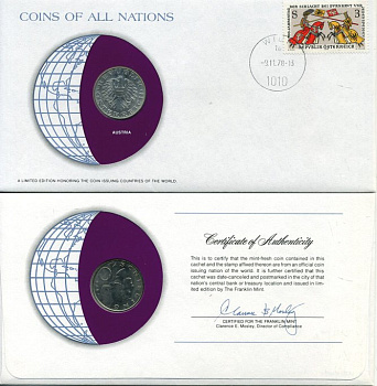 АВСТРИЯ 10 ШИЛЛИНГОВ 1978 монета в конверте с маркой и спецгашением UNC 4294-23-2